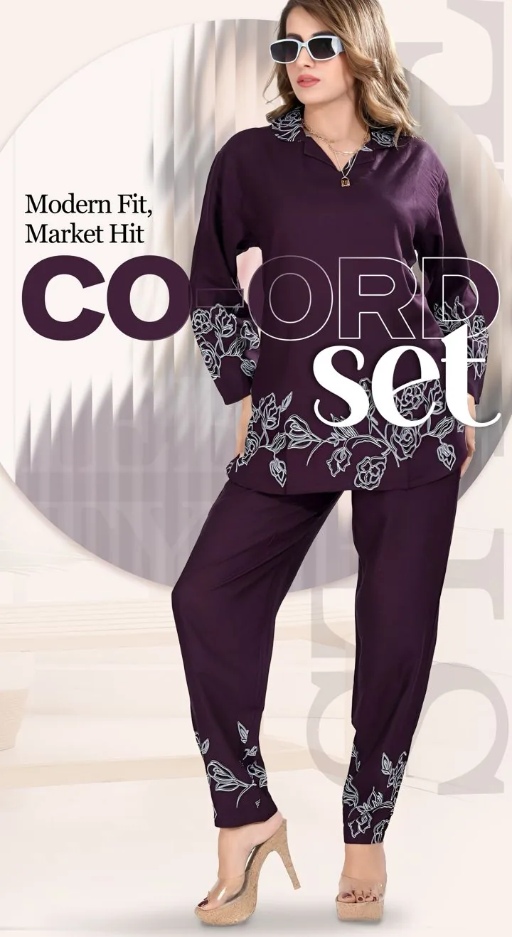 Plum co-ord set with embroidered floral border