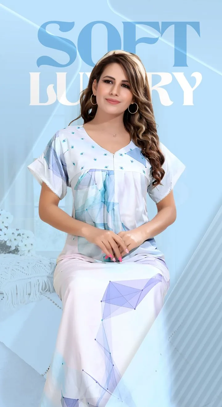 Soft white and blue printed nighty with front zip