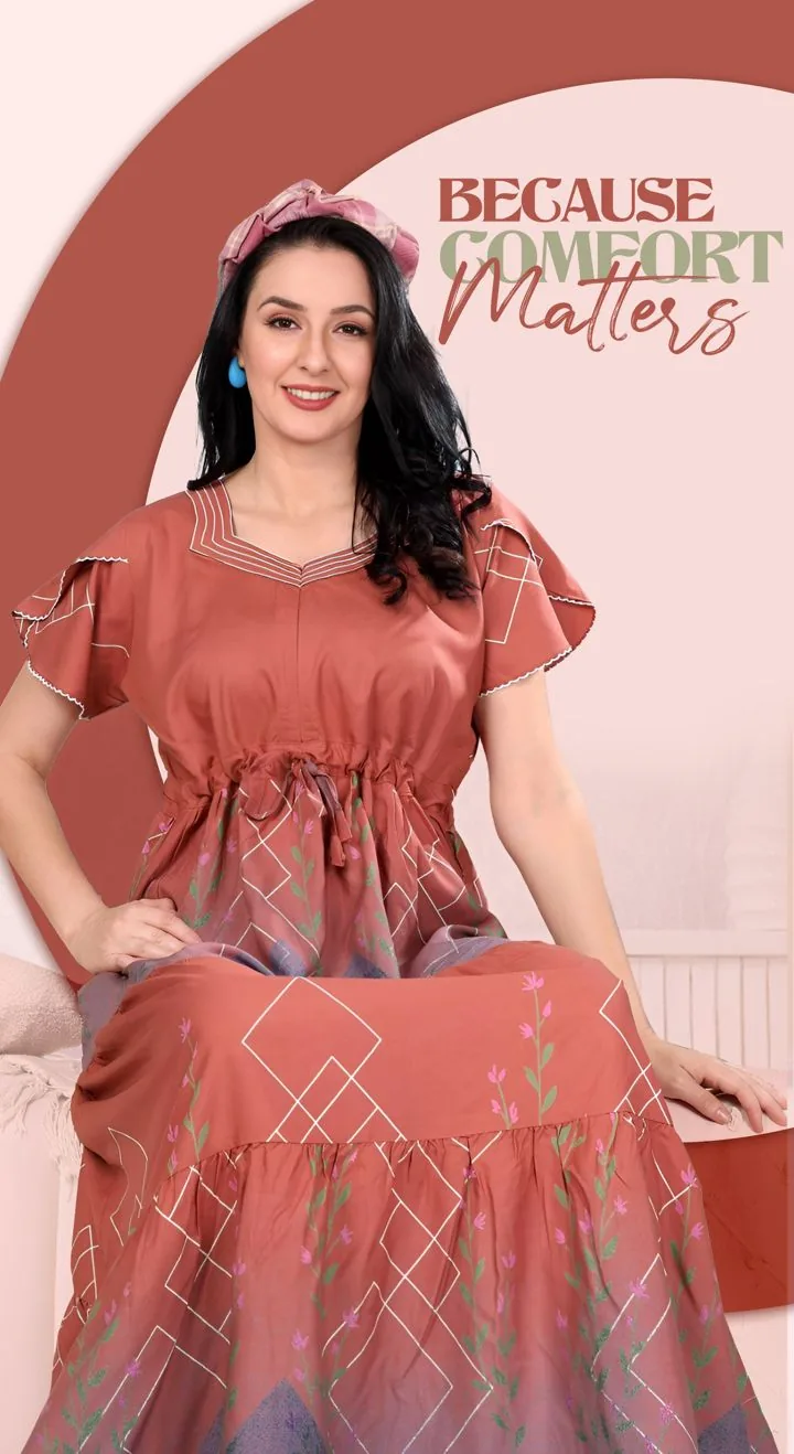 Rust nighty with drawstring waist and geometric floral print